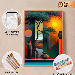 <span class=keywords><strong>Peinture</strong></span> <span class=keywords><strong>par</strong></span> numéros Songwoo : Paysage géométrique au coucher du soleil avec arbre et vases, art <span class=keywords><strong>abstrait</strong></span> moderne, savane africaine - Product Image 1