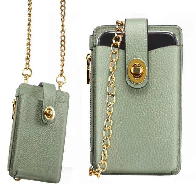 PU/Genuine Leather Phone Case Crossbody Chain Shoulder Bag with Zipper Card Holder Coin Mini Wallet for iPhone