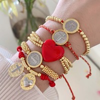 LS-L6164 Bracelets faits main avec perles médaillon, breloques cœur rouge et croix, nœud coulissant, perles dorées tressées, style foi