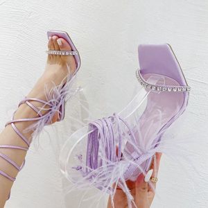 Sandales de luxe pour femme, pantoufles décorées de pompons, chaussures décontractées, talons carrés hauts avec strass pour femmes - Product Image 5