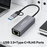 Adaptateur Ethernet USB 3.0 Type-C double port RJ45, carte réseau haute vitesse, logo personnalisé, portable pour ordinateur portable et téléphone, métal + plastique