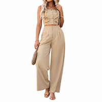 Ensemble deux pièces pour femme : haut court sans bretelles à boutons et pantalon large taille haute avec poches, style décontracté