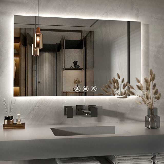 Modern Hotel Rectangle Smart LED Anti-Fog Mirror Bluetooth Music Speaker Touch Screen Mirror for Bathroom Smart Mirror