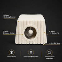 Maison pour chat en velours côtelé semi-fermée, tanière douillette pour chat, rembourrage en coton PP chaud, housse amovible et lavable, antidérapante, vente en gros OEM, jouet pompon