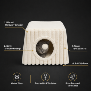 Maison pour chat en velours côtelé semi-fermée, tanière douillette pour chat, rembourrage en coton PP chaud, housse amovible et lavable, antidérapante, vente en gros OEM, jouet <span class=keywords><strong>pompon</strong></span> - Product Image 3