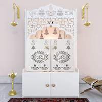 Magnifique temple mural en bois poli avec motif Jali et design OM, petit temple hindou pour la maison, meuble de prière (Puja Mandir)