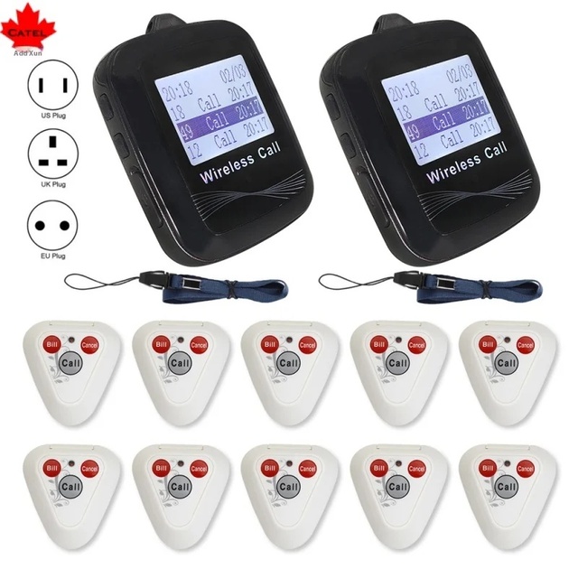 2 Wireless Restaurant Pager System with 10 Call Buttons and 2 Watch Receivers for Hotels Banks Bars Hospitals