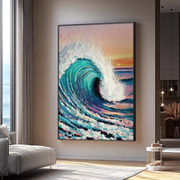 Peinture murale 100 % peinte à la main, paysage marin abstrait 3D bleu, vagues océaniques faites à la main, texture épaisse au couteau, peinture à l'huile sur toile