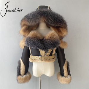 Jxwatcher Giacca Corta in Vera Pelliccia di Volpe Morbida con Cintura, Lussuosa con Grande Cappuccio, Cappotto in Vera Pelle di Montone con Pelliccia, Personalizzabile, per l'Inverno - Product Image 1