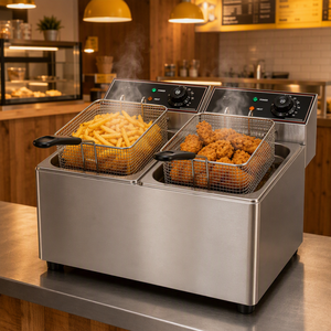 Friteuse électrique professionnelle à double réservoir de 16 L, 6 kW, en acier inoxydable, avec double thermostat pour cuisine professionnelle - Product Image 1