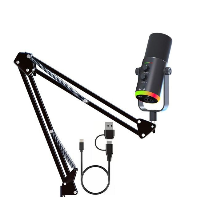 USB & XLR Dual Interface Dynamic Microphone RGB Gaming Mic with Adjustable Boom Arm for Live Streaming Studio Video Recording