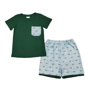 BSSO1899 rts Boutique Ensemble de vêtements pour bébé garçon, imprimé canard vert, tenues d'été, ensemble en gros - Product Image 1