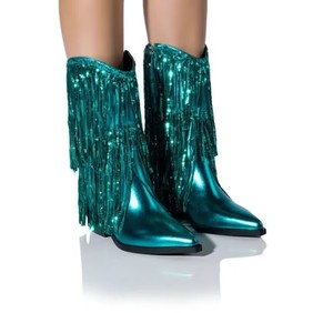 Botas Vaqueras MY4903 Rosa Plateado con Tacón Bloque Medio para Mujer, Estilo Vaquero Occidental de Invierno con Borlas, Sin Cordones, para Chicas Ocupadas - Product Image 1