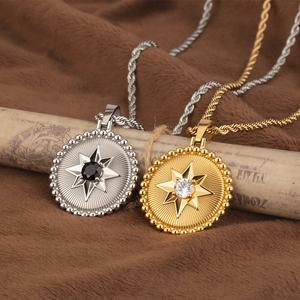 Vintage Style 18K Gold Plated Stainless Steel Texture Clear Zircon Sun Sunflower <strong>Coin</strong> Pendant <strong>Necklace</strong> for Women - Product Image 1