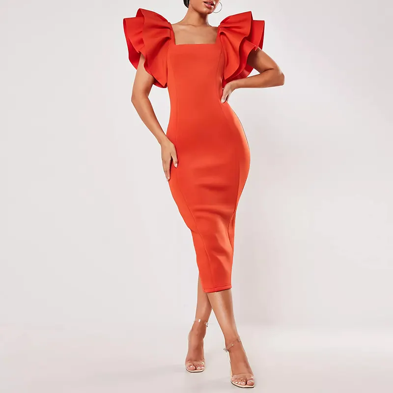red square neck wrap flare midi dress party women summer cocktail dresses