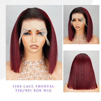 Perruque courte bob 99J 13x4 Lace Front, cheveux humains brésiliens lisses, 10 pouces, double épaisseur, avec ligne de cheveux naturelle