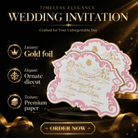 Cartes d'invitation de mariage de luxe style baroque, dorées à chaud, découpées, avec bordure enroulée, pour réserver la date