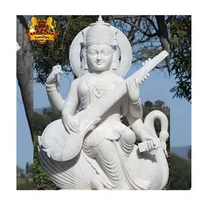 Outdoor Stone Carving Hindu God Religious Sculpture Buddha Sculpture Large White Marble Veena Saraswati Statue