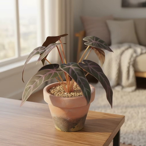 Plante artificielle Alocasia à écailles de dragon en pot en terre cuite, faux feuillage violet variegé, décoration pour la maison, le bureau, la table, l'étagère - Product Image 5