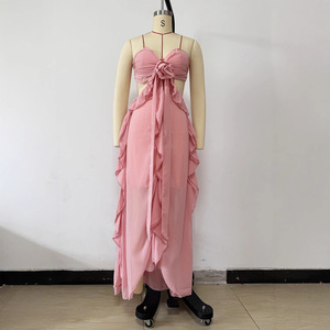 Plus Size Women's Strapless Long Chiffon <b>Dress</b> Empire Waist Ruffles Solid Color Vacation Wear Pink <b>Emerald</b> - Product Image 4