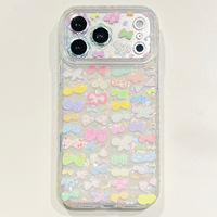 Nouvelle coque de téléphone anti-traces de doigts PC+TPU avec grande fenêtre, cadre d'objectif floral, coque latérale en coquille colorée diamantée et nœud macaron pour 17 Pro Max 16