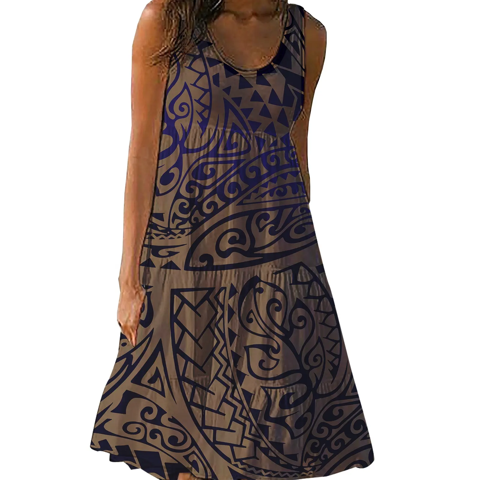 brown crewneck polynesian samoa tatoo design large size dress summer 2023 new casual hawaiian beach women dress