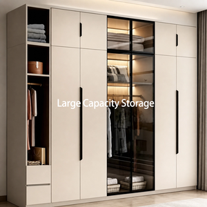 Armoire modulaire autoportante en bois moderne avec portes en verre, poignées en acier inoxydable, 4 étagères, pour la maison, la chambre, la villa, l'hôtel, l'école - Product Image 5