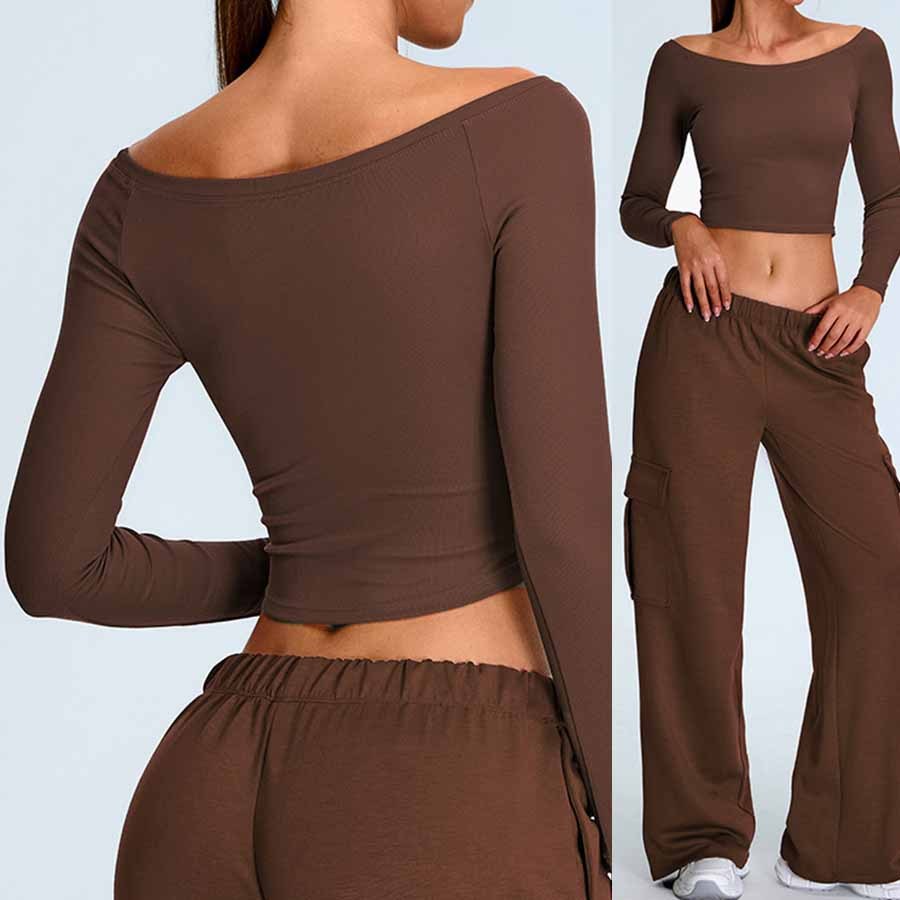 Women Off Shoulder Long Sleeve Yoga Top Tight Fit Sport T-Shirt for Running Gym Fitness Training Activewear Workout Shirt