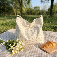 Sac fourre-tout en coton à imprimé floral délicat, avec bouton-pression, grande capacité, sac à main décontracté pour femme, usage quotidien