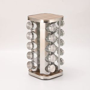 Stainless Steel <b>Spice</b> Rack 360 Rotating Wood Grain Silver Kitchen Seasoning Storage <b>Jar</b> Organizer - Product Image 1