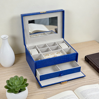 Boîte de rangement à bijoux de luxe bleue, grande, carrée, design rectangulaire, portable, avec poignée en cuir, serrure en métal doré, couvercle pour montres, en cuir PU effet crocodile