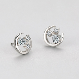 Boucles d'oreilles clous personnalisables en argent sterling S925 avec zircone taille ronde, thème étoile et lune, version cuivre, pour femme - Product Image 3