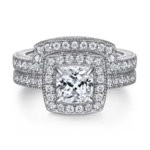 2022 New Fashion 925 Silver Rings Set Square Diamond Engagement Wedding Rings Couple Set