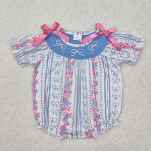 Vestito Estivo per <span class=keywords><strong>Neonata</strong></span>, Manica Corta a Righe Blu con Fiocco e Ricamo Floreale - Product Image 6