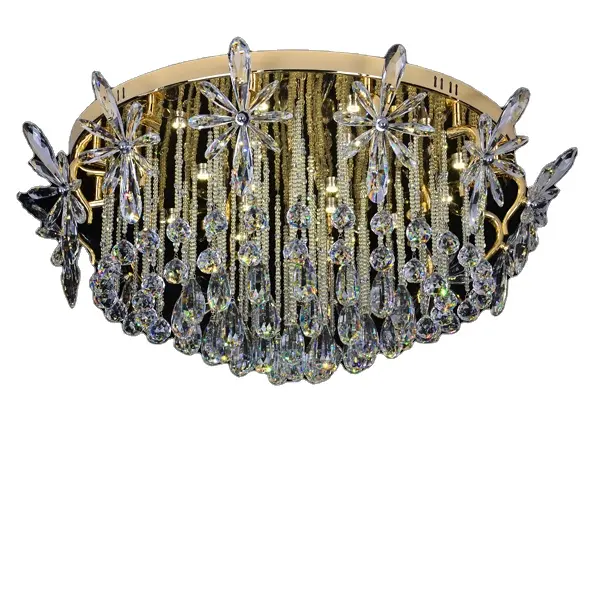 Hot Selling Gold Ceiling Lamp Modern LED High Chandelier Metal Crystal Lights for Living Room Decorative Lighting Fixtures