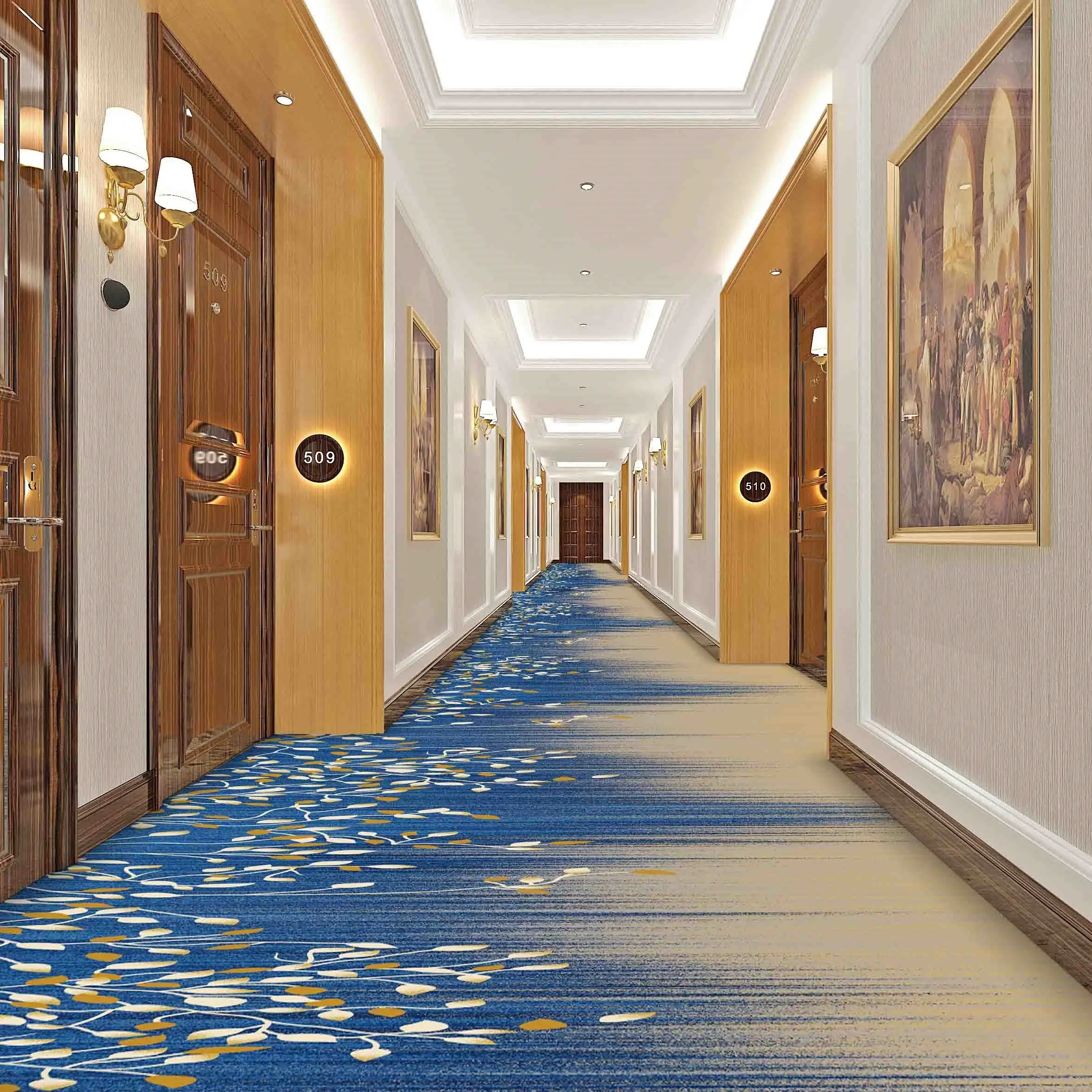 Koridor Hotel jalur cover penuh khusus karpet cetak bahan nilon berbagai warna dapat disesuaikan
