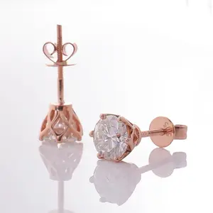 Gold earring 5mm round brilliant cut moissanite diamond 14k rose gold stud earring for women