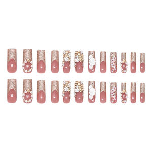 Uñas Postizas Francesas con Flores de Diamantes Doradas, Estilo Atrevido, Desmontables, 24 Piezas - Product Image 5