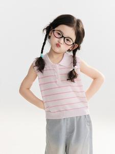 2026 Summer Kids Breathable Thin Sleeveless T-shirt for Girls, Children Striped Knit <b>Polo</b> Vest - Product Image 3