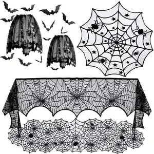 Halloween black lace spider web decoration fireplace stove towel tablecloth table flag net cover holiday party supplies