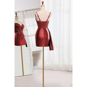 Vestidos de fiesta de satén con cuello en V Vestido corto de encaje de sirena Vestido de cóctel ajustado plisado con cola - Product Image 3