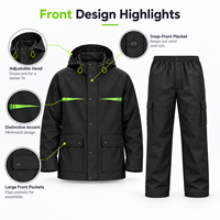 Combinaison de pluie noire pour moto pour homme, veste de pluie imperméable à capuche et pantalon cargo, ensemble deux pièces pour la conduite et les trajets quotidiens