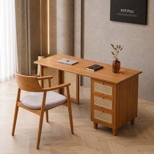 Japandi <b>Solid</b> Teak Office <b>Desk</b> with Cane Panel Storage and Upholstered Chair <b>Wooden</b> Workspace Furniture Collection - Product Image 1
