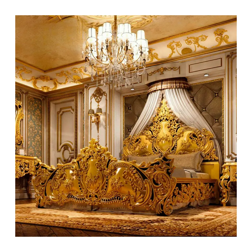Ensemble de chambre à coucher européen de luxe noir doré de première classe sculpté à la main lit king size de luxe royal classique meubles en bois antique