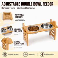 Support de gamelle pour animaux de compagnie en bambou, pliable, hauteur réglable, double distributeur d'eau et de nourriture avec bols en acier inoxydable pour chats et chiens
