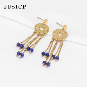 Boucles d'oreilles pendantes en forme d'étoile plaquées or pour femmes JUSTOP avec perles en saphir bleu, style bohème, bijoux de fête - Product Image 5