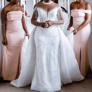 Robes de mariée africaines grande taille sexy en dentelle à col halter avec perles, sequins, cristaux, appliques florales et drapés – Prix usine - Product Image 3