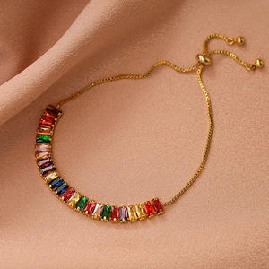 Pulsera de tenis de moda de Zirconia cúbica chispeante chapada en oro para mujer tobillera ajustable rectangular de color - Product Image 5