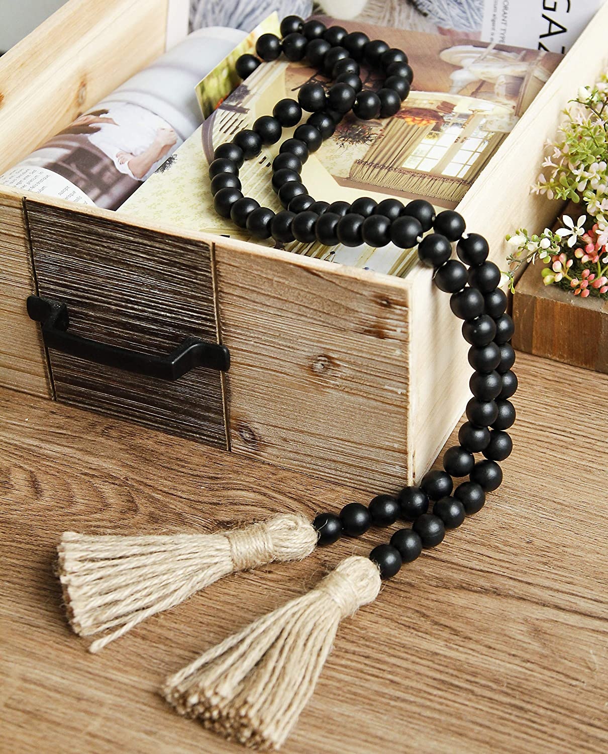 3 Pack Decorative Wooden Link Chain Bead Garland Set- Handmade 5-Link Pinewood Chain+ 2pcs Hand Carved Bead Garland
