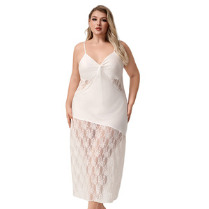 Nuevo Camisón Largo Sexy de Verano con Cintura Elástica de Satén Helado, Talla Grande Europea y Americana, con Ribete de Encaje, Ropa de Dormir Elegante para Mujer - Product Image 5